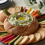 Lipton spinach dip served in a bread bowl surrounded by fresh vegetables, crackers, and bread slices.